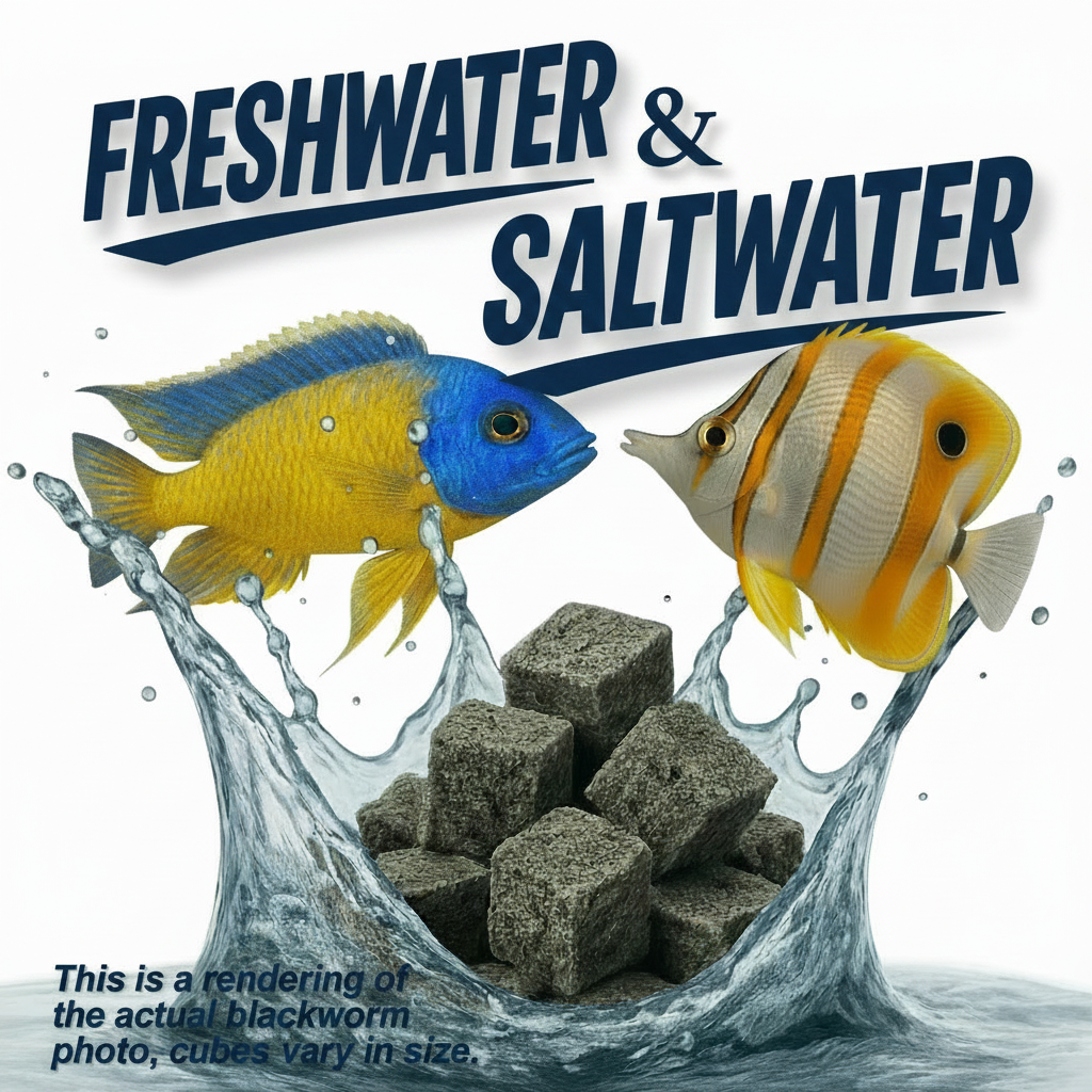 Freeze-dried blackworm cube pellets in a wave with freshwater and saltwater text