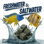 Freeze-dried blackworm cube pellets in a wave with freshwater and saltwater text