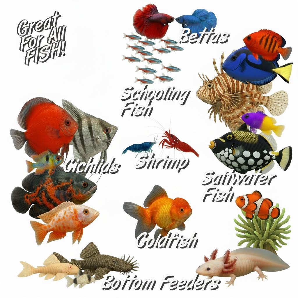Aquarium fish food feeding guide graphic with various fish species