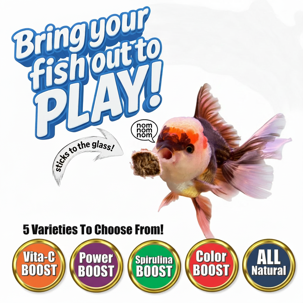 Aquarium fish food promotion graphic with goldfish and assorted boost icons