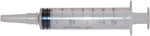 Syringe with catheter tip, clear barrel with measurement markings and black label