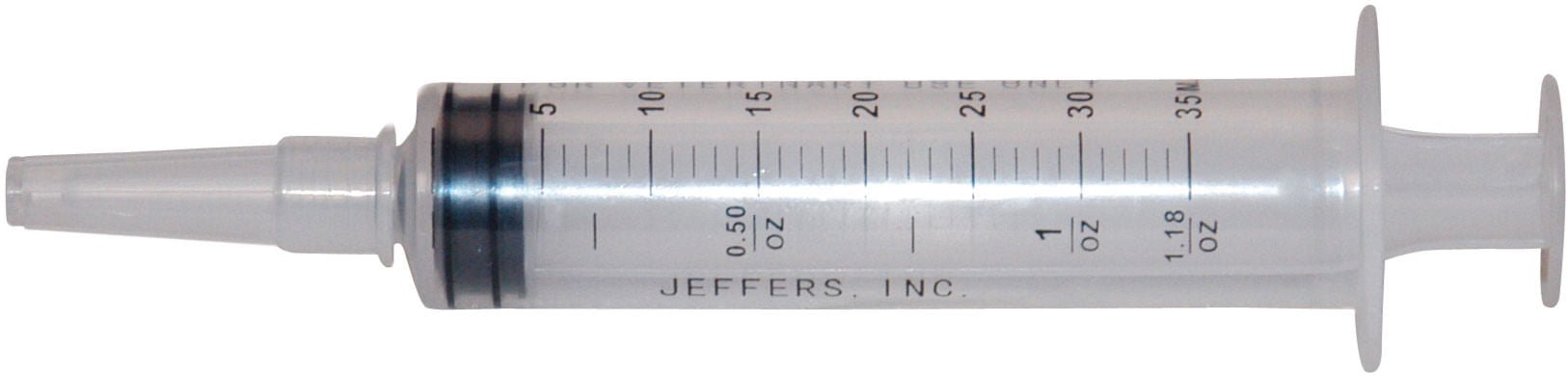 Syringe with catheter tip, clear barrel with measurement markings and black label