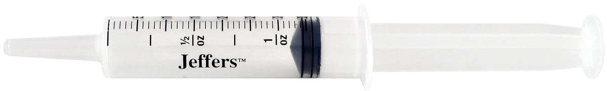 Syringe with catheter tip, clear barrel with measurement scale and Jeffers label
