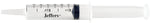 Syringe with catheter tip, clear barrel with measurement scale and Jeffers label