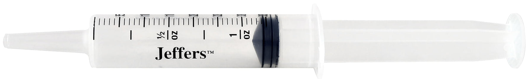 Syringe with catheter tip, clear barrel with measurement scale and Jeffers label