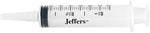 Syringe with catheter tip, clear barrel with Jeffers branding and scale markings