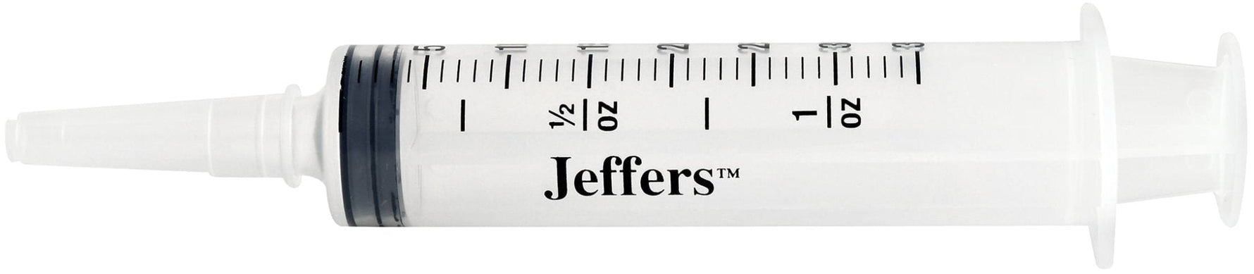 Syringe with catheter tip, clear barrel with Jeffers branding and scale markings