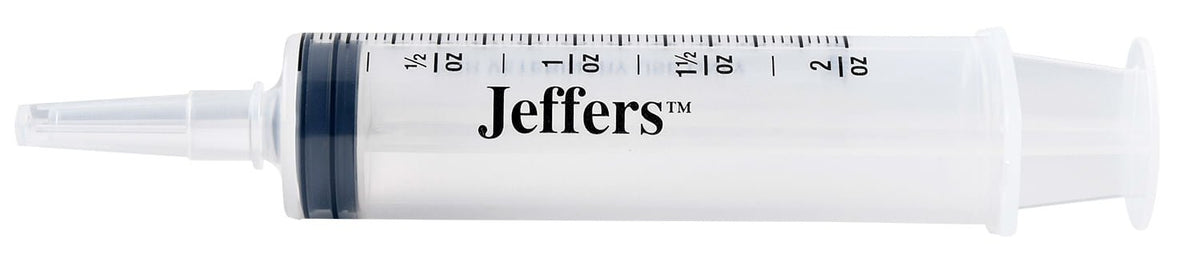 Disposable syringe with catheter tip, white barrel and blue band, Jeffers label