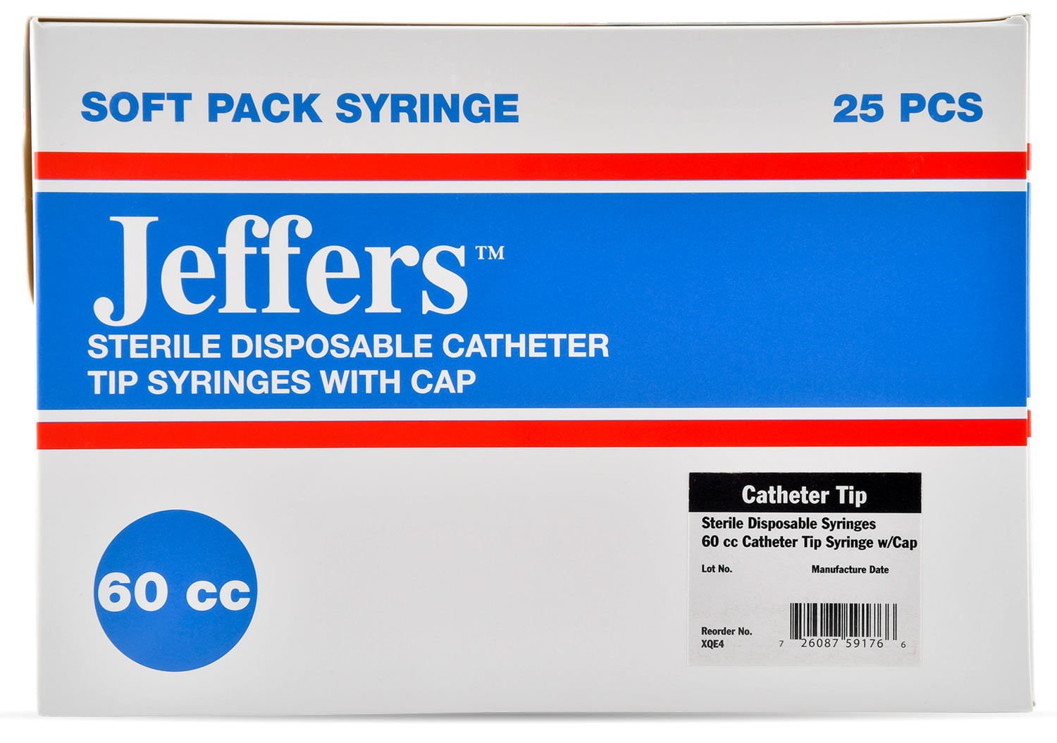 Soft pack syringe box, 25 pcs, catheter-tip with cap, 60 cc, blue label