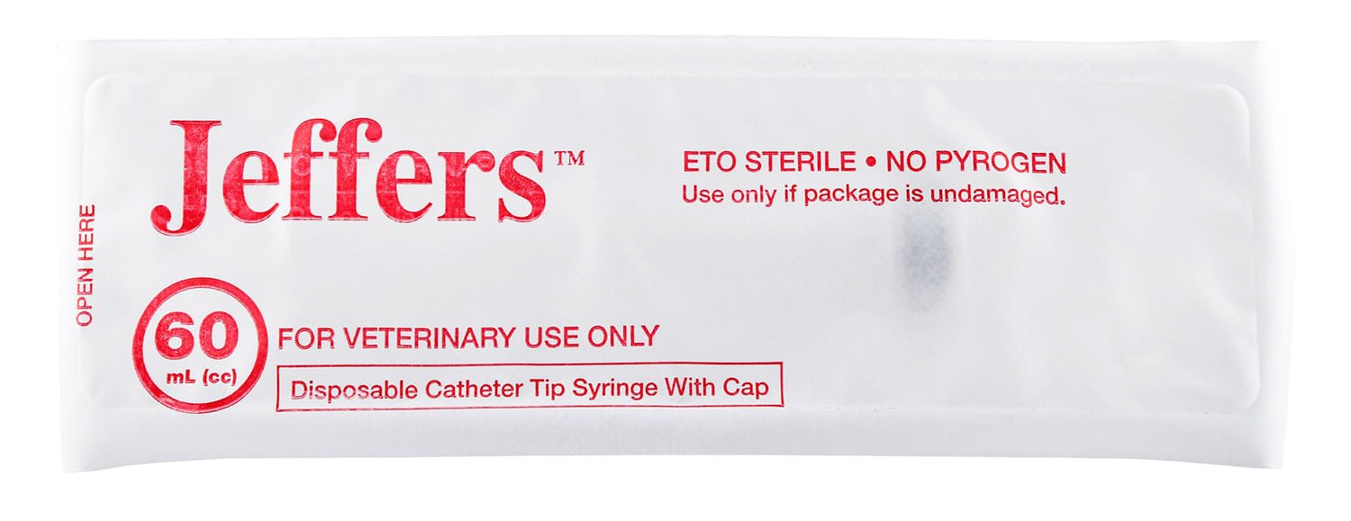 Jeffers disposable catheter-tip syringe packet, cap included, 60 mL