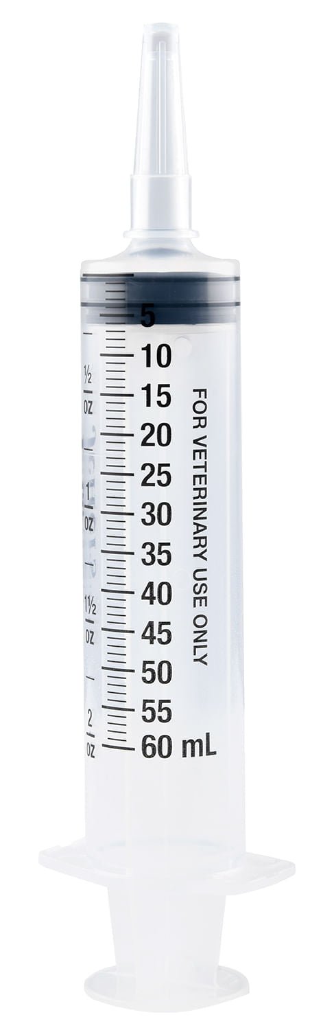 Graduated syringe with plunger, clear mL scale from 10 to 60 mL