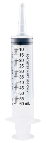 Graduated syringe with plunger, clear mL scale from 10 to 60 mL
