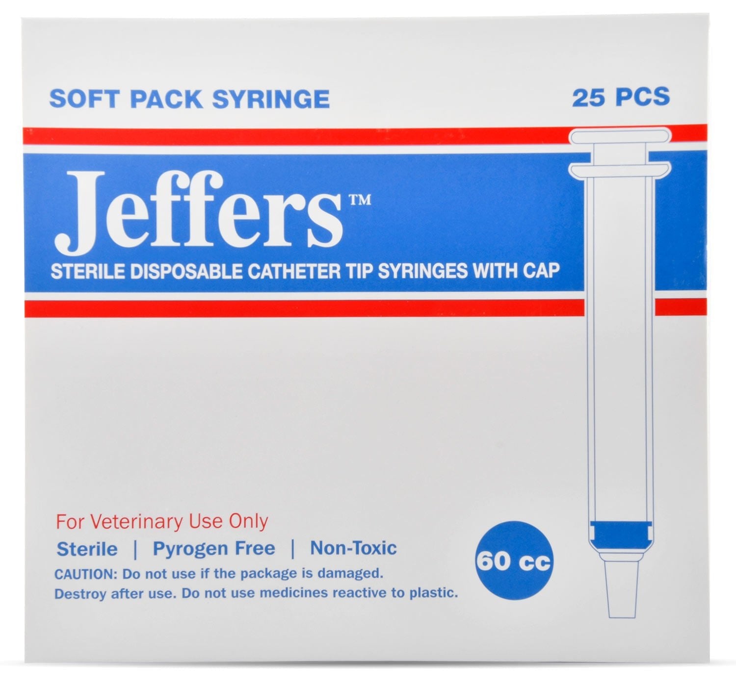 Soft pack syringe box, 25 pcs, catheter-tip with cap, 60 cc, blue band