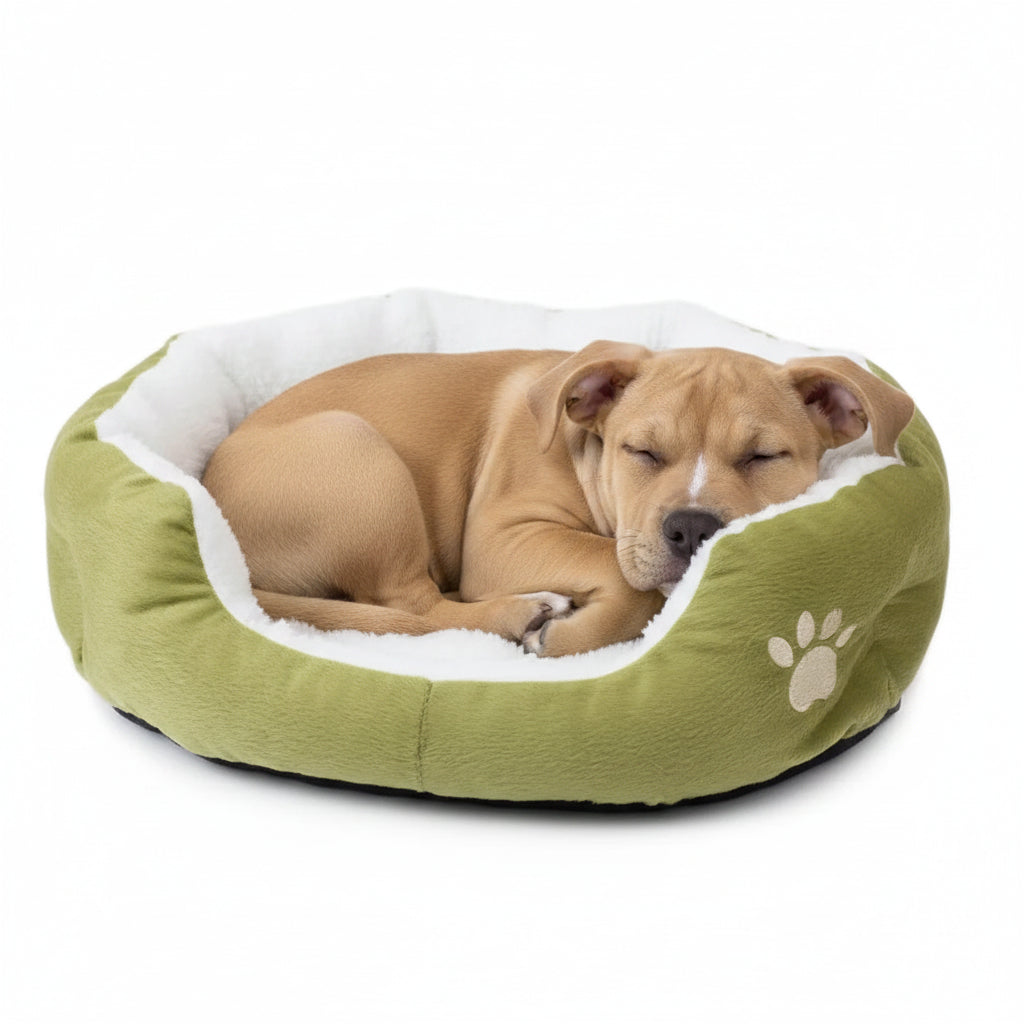 Green round pet bed with white plush liner and paw emblem, dog sleeping inside