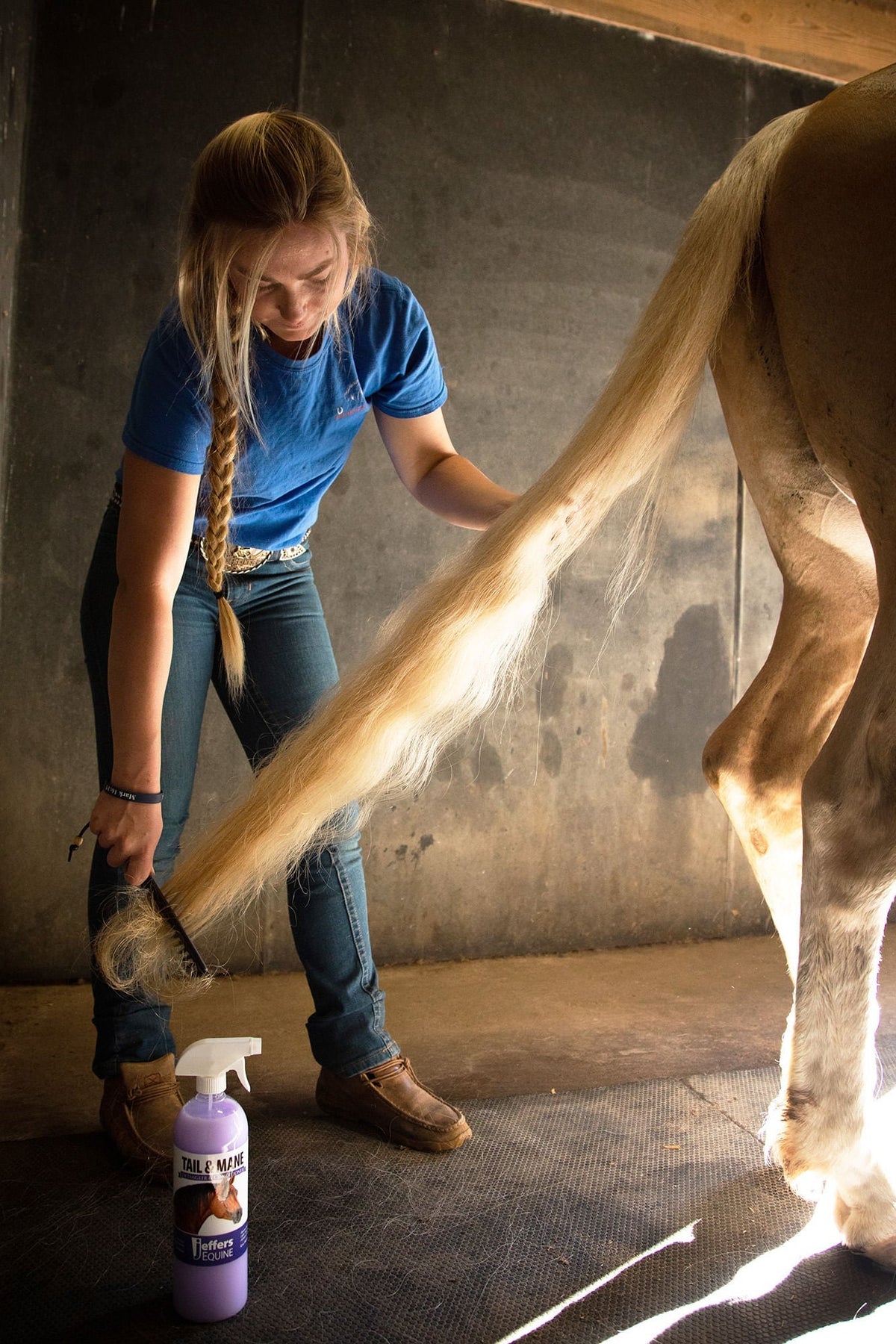Horse care detangler being applied to a horse’s tail while a person holds spray