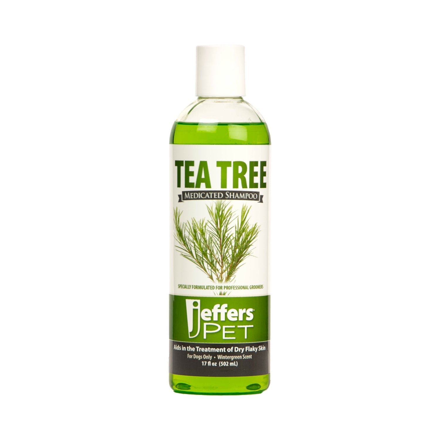 Jeffers Pet tea tree medicated dog shampoo bottle, green label, 17 fl oz