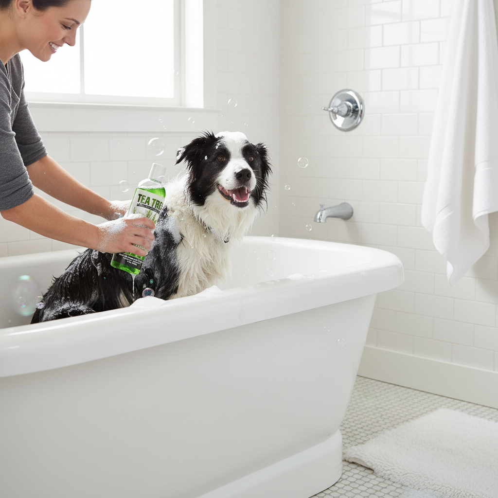 Medicated dog shampoo bottle with label as a dog gets lather in a bathtub