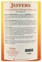 Tea tree medicated dog shampoo concentrate back label with ingredients and directions
