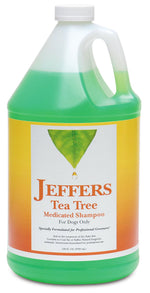 Dog medicated tea tree shampoo concentrate jug with green handle, yellow label