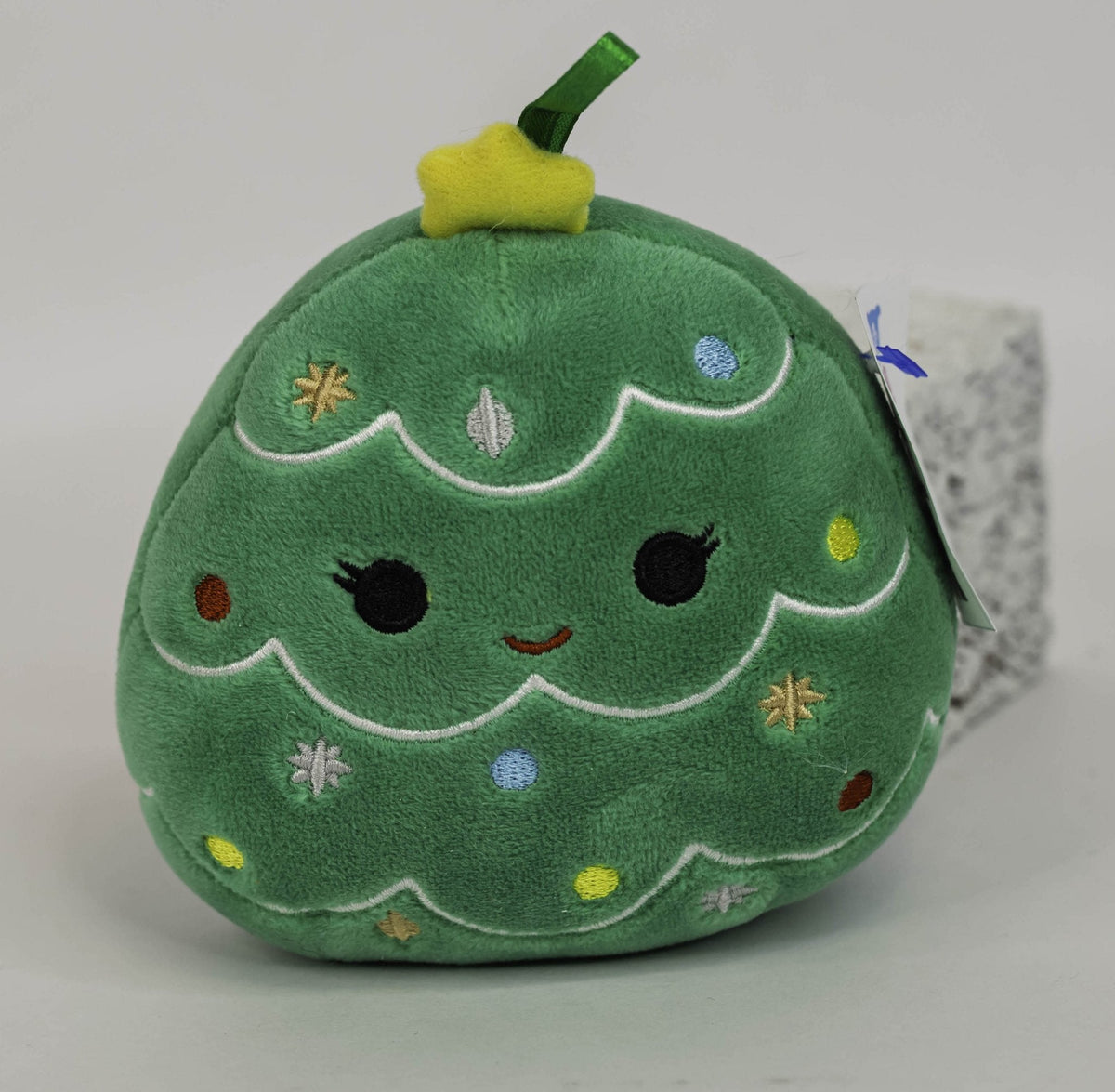 Holiday squeaky plush Christmas tree ball toy in green with cute face