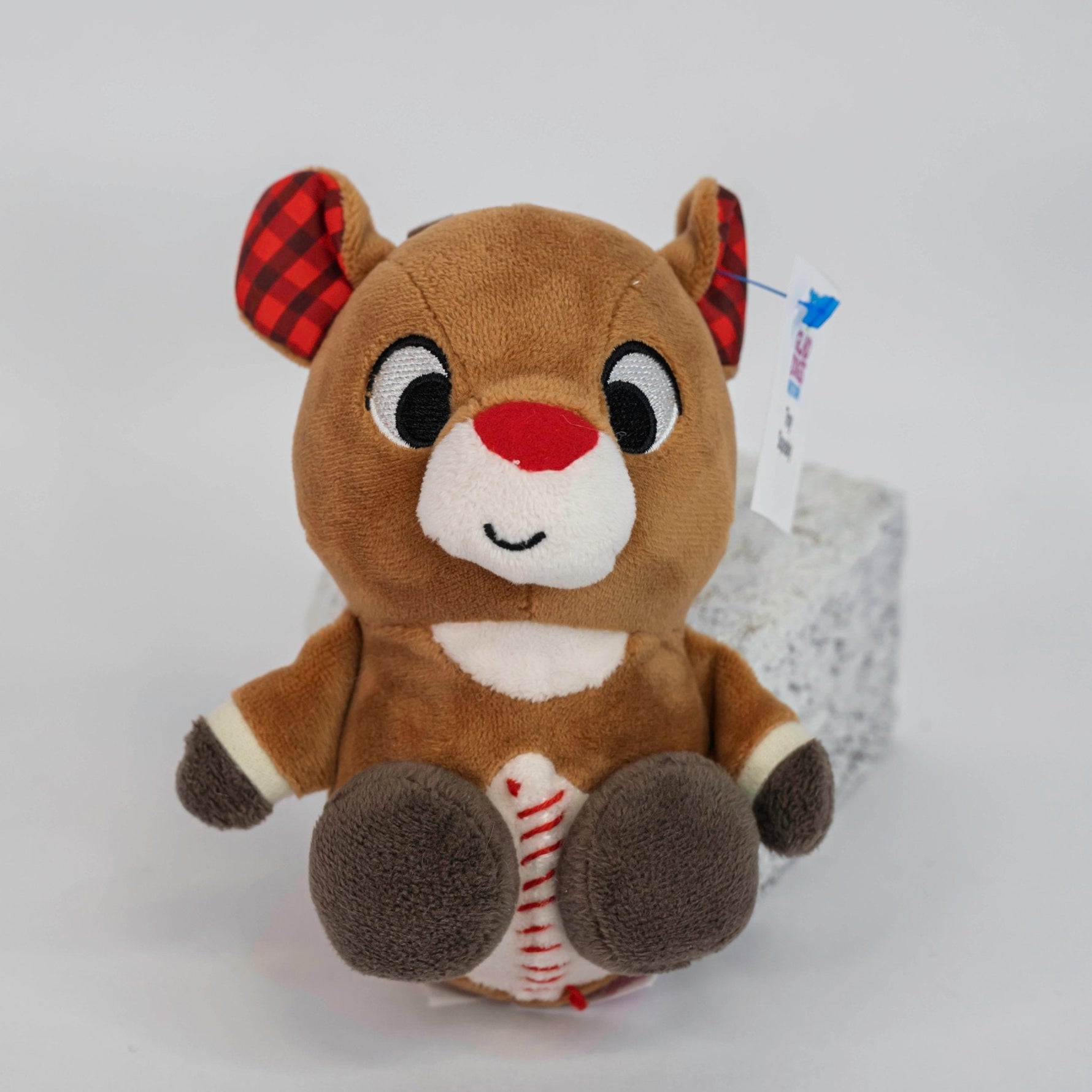 Holiday squeaky plush chipmunk toy with red plaid antlers and scarf