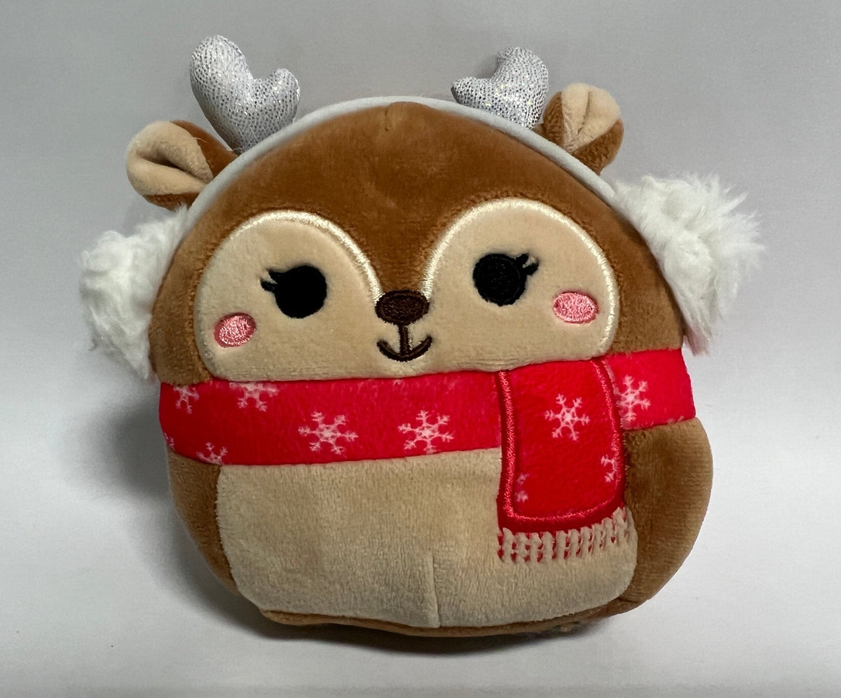 Holiday squeaky plush reindeer ball toy with red scarf, antlers, and rosy cheeks