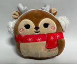 Holiday squeaky plush reindeer ball toy with red scarf, antlers, and rosy cheeks