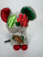 Holiday squeaky plush critter toy in fuzzy gray with candy cane and flower details