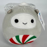 White peppermint holiday plush with metallic silver top and smiling face detail