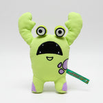 Green cartoon monster plush dog toy with big eyes and open tag
