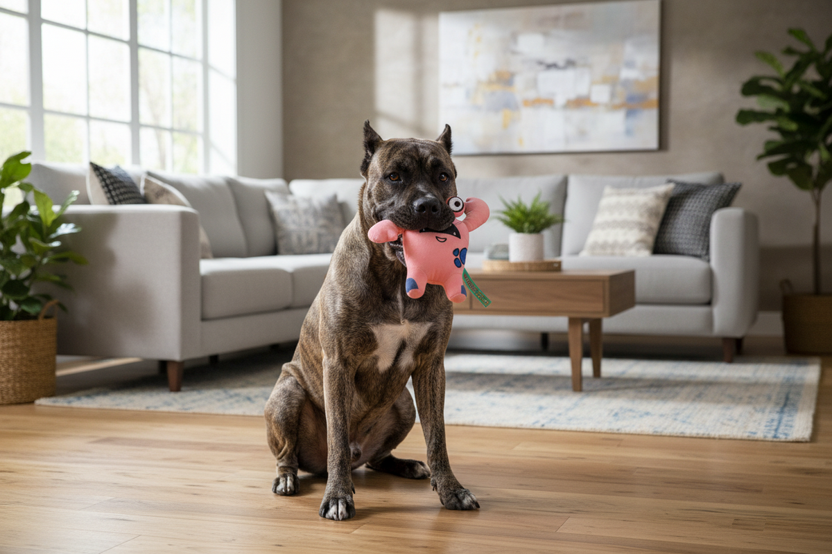 Pink monster plush dog toy with cartoon face and green legs