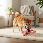Pink monster plush dog toy with black eyes and smiling mouth