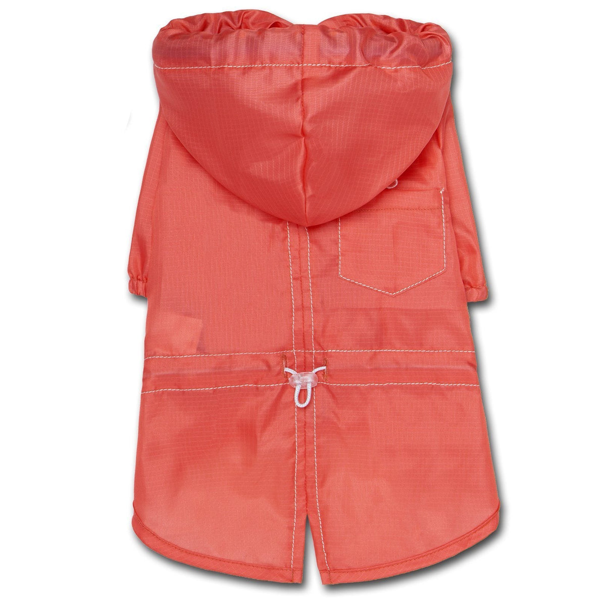 Red waterproof dog raincoat with hood, split-vent back, stitched pocket, drawcord.