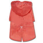 Red waterproof dog raincoat with hood, split-vent back, stitched pocket, drawcord.