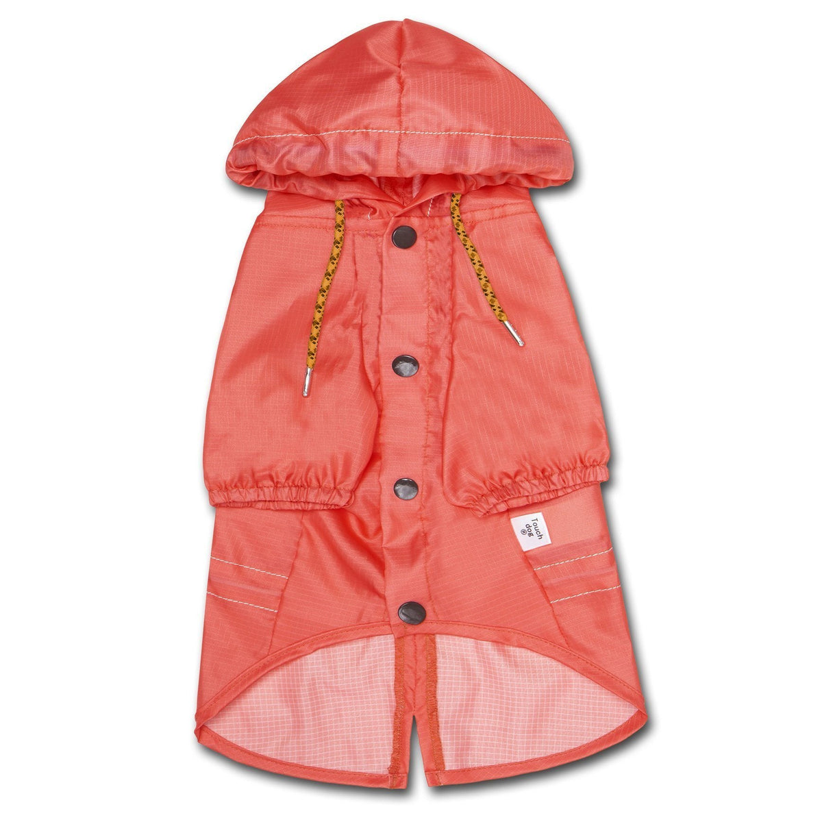 Red waterproof dog raincoat with hood, snap buttons, split-vent, yellow drawcord ties.