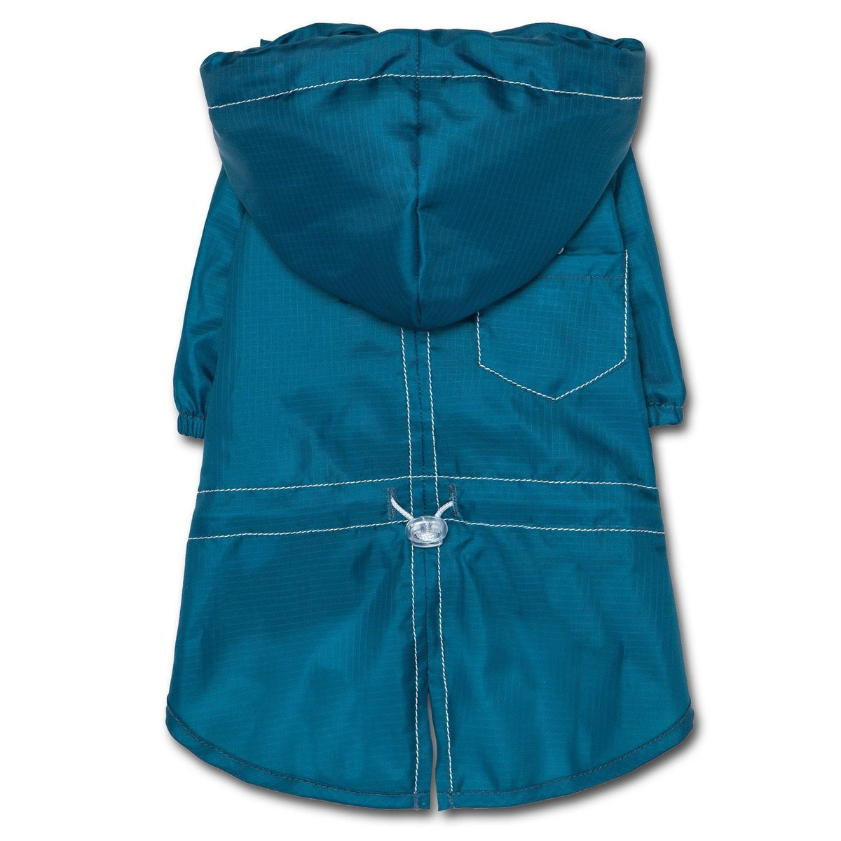 Blue waterproof dog raincoat with hood, split-vent back, stitched pockets, drawcord.
