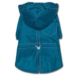 Blue waterproof dog raincoat with hood, split-vent back, stitched pockets, drawcord.