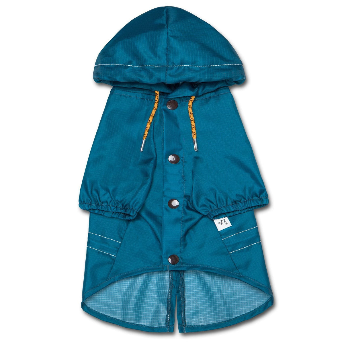 Blue waterproof dog raincoat with hood, snap front, split-vent, adjustable drawstrings.