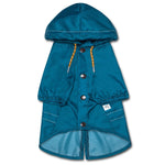 Blue waterproof dog raincoat with hood, snap front, split-vent, adjustable drawstrings.