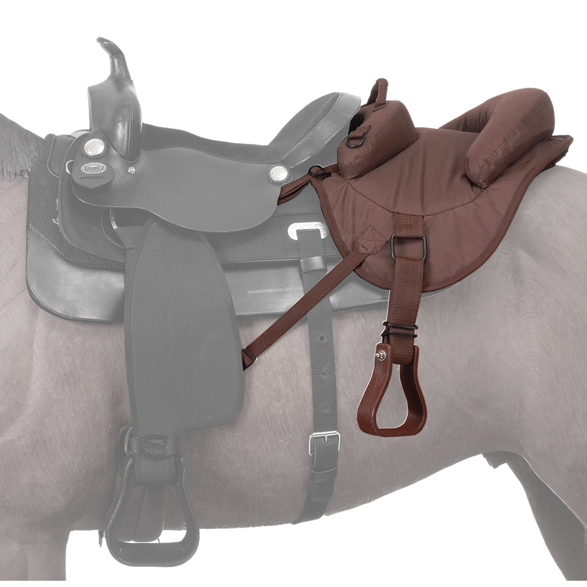 Brown ride-behind child's tandem saddle with padded seat and safety strap
