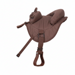 Brown ride-behind child tandem saddle with stirrup and safety handle