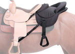 Black ride-behind child's tandem saddle with padded seat and safety strap