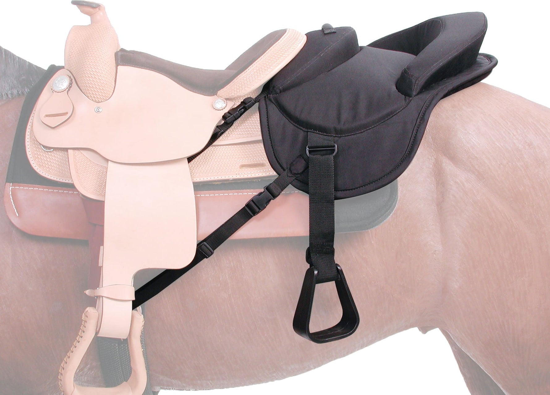 Black ride-behind child's tandem saddle with padded seat and safety strap