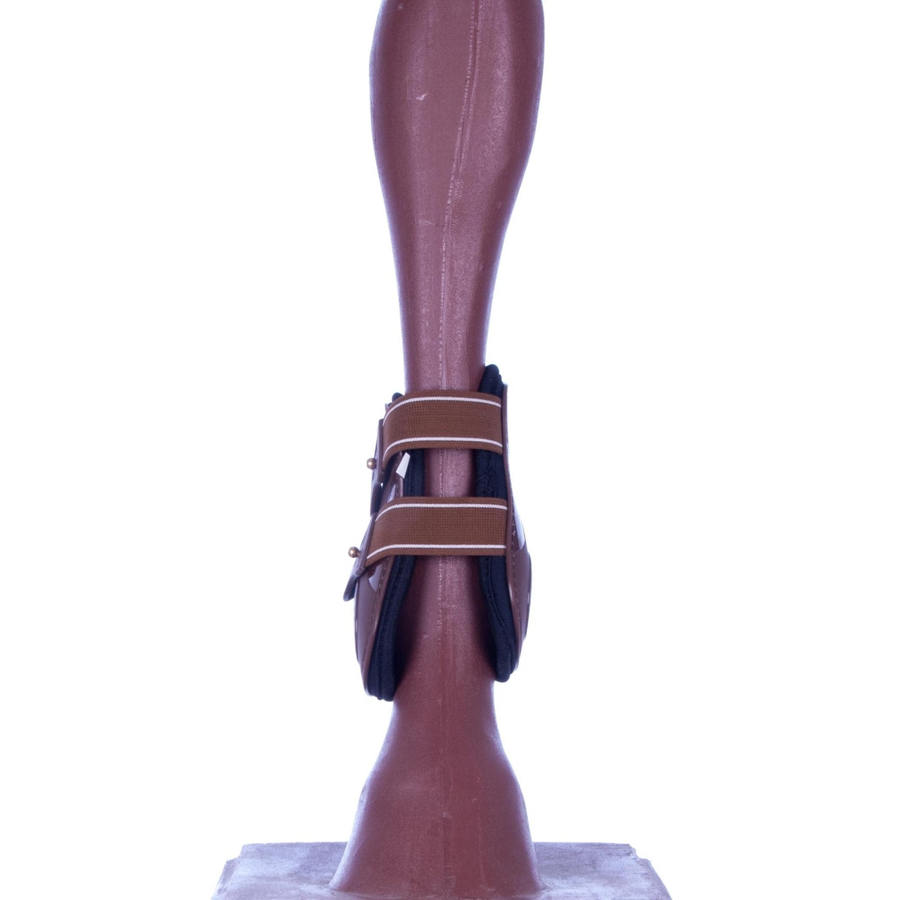 Brown fetlock boots with buckle straps, front view