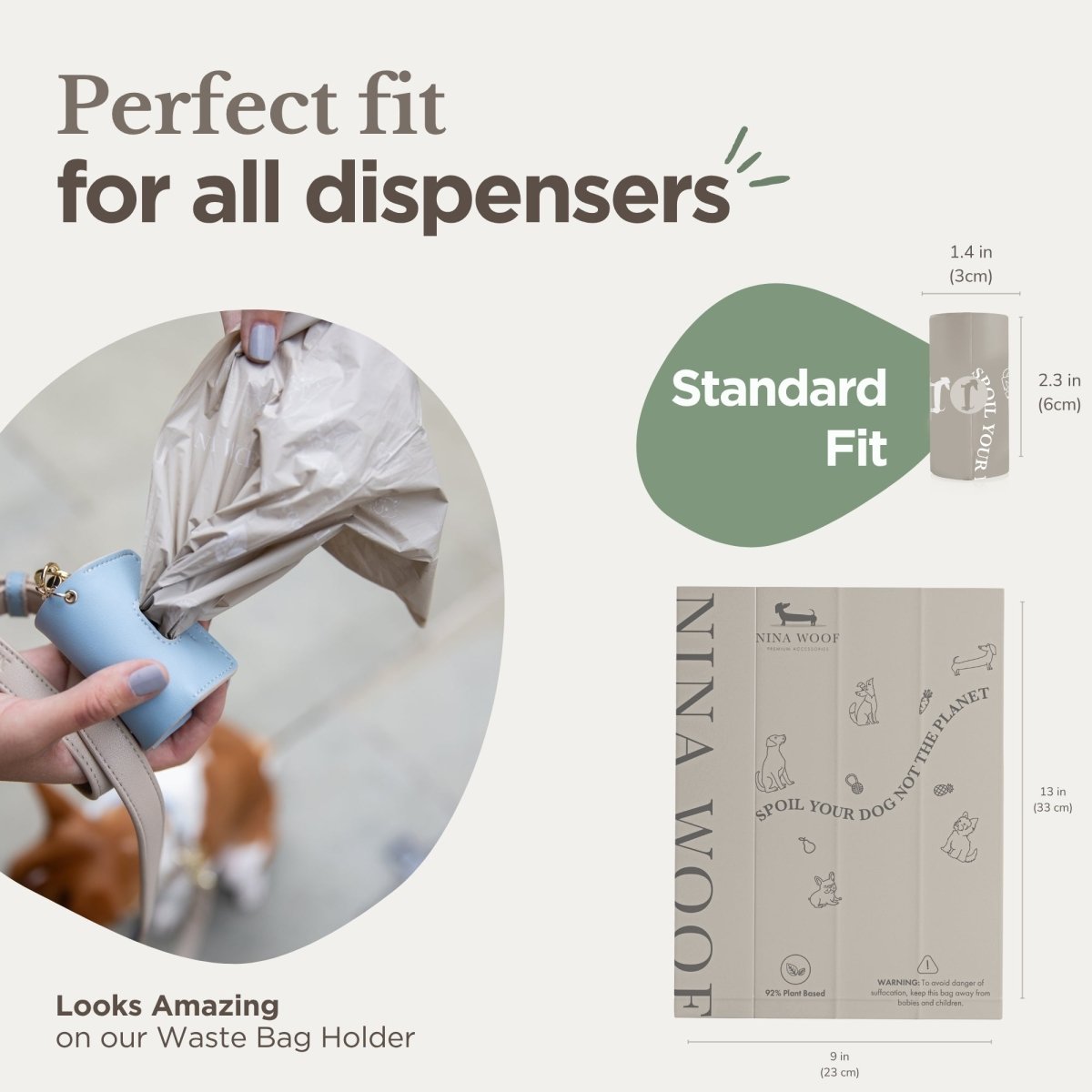 Compostable dog waste bag panel with standard fit sizing, light tan
