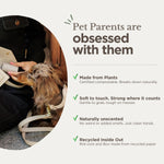Compostable dog waste bag roll pack with pet dog, light tan