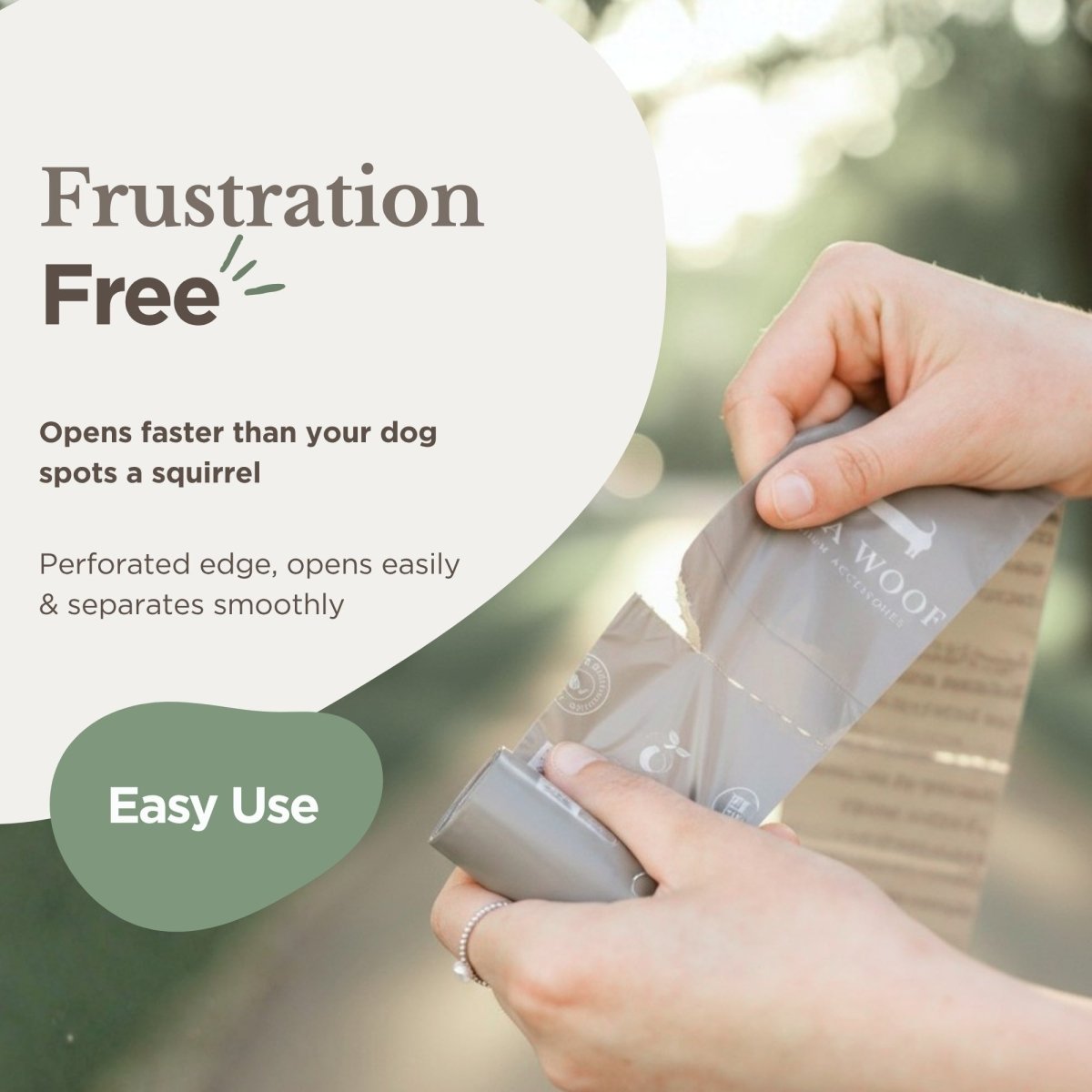 Compostable dog waste bag pouch held open by hand, light beige