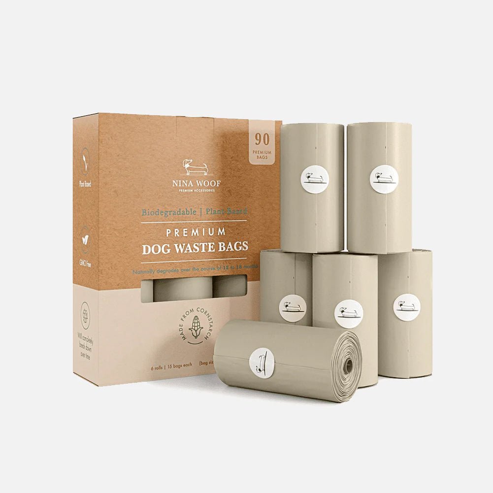 Biodegradable dog waste bag starter set: tan box with rolled refill bags, light beige