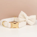 Cream knitted bowtie collar with gold buckle and adjustable ring hardware