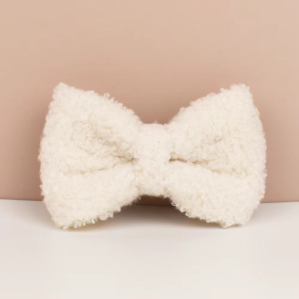 Off-white teddy knit pet bowtie with matching texture and center knot
